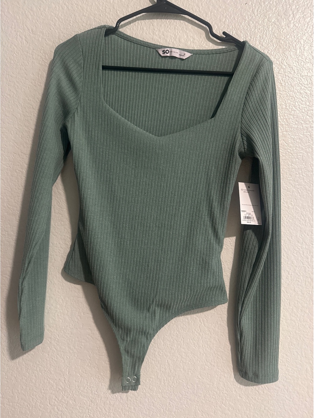 SO Women's Sage Green Ribbed Long Sleeve Square Neck Bodysuit Size M